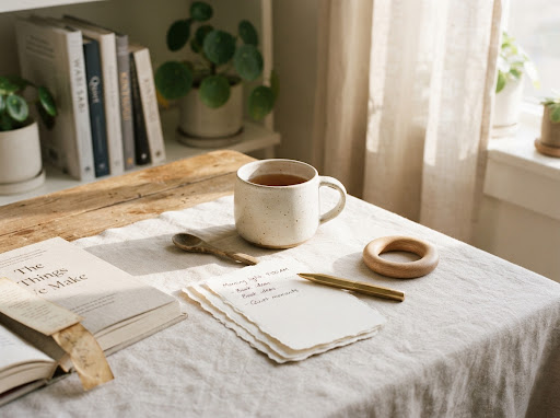 Morning reading table with a ceramic cup, notes, an open book, a pen, and a wooden ring