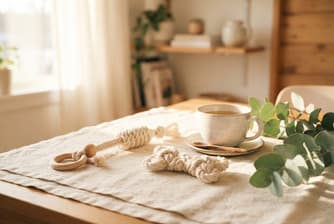 Handcrafted rope and wooden toys on linen